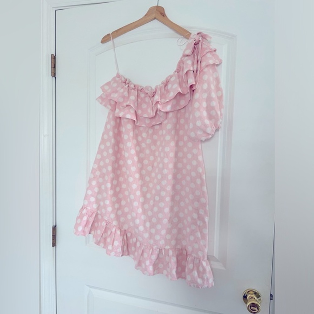 Lisa Marie Fernandez Linen Blend Pink Polka Dot One Shoulder Dress | XL